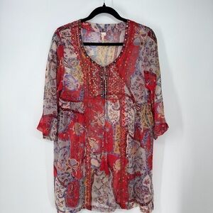 RAGA Anthropologie Sheer Colorful Long Sleeve Floral Paisley Beaded Tunic